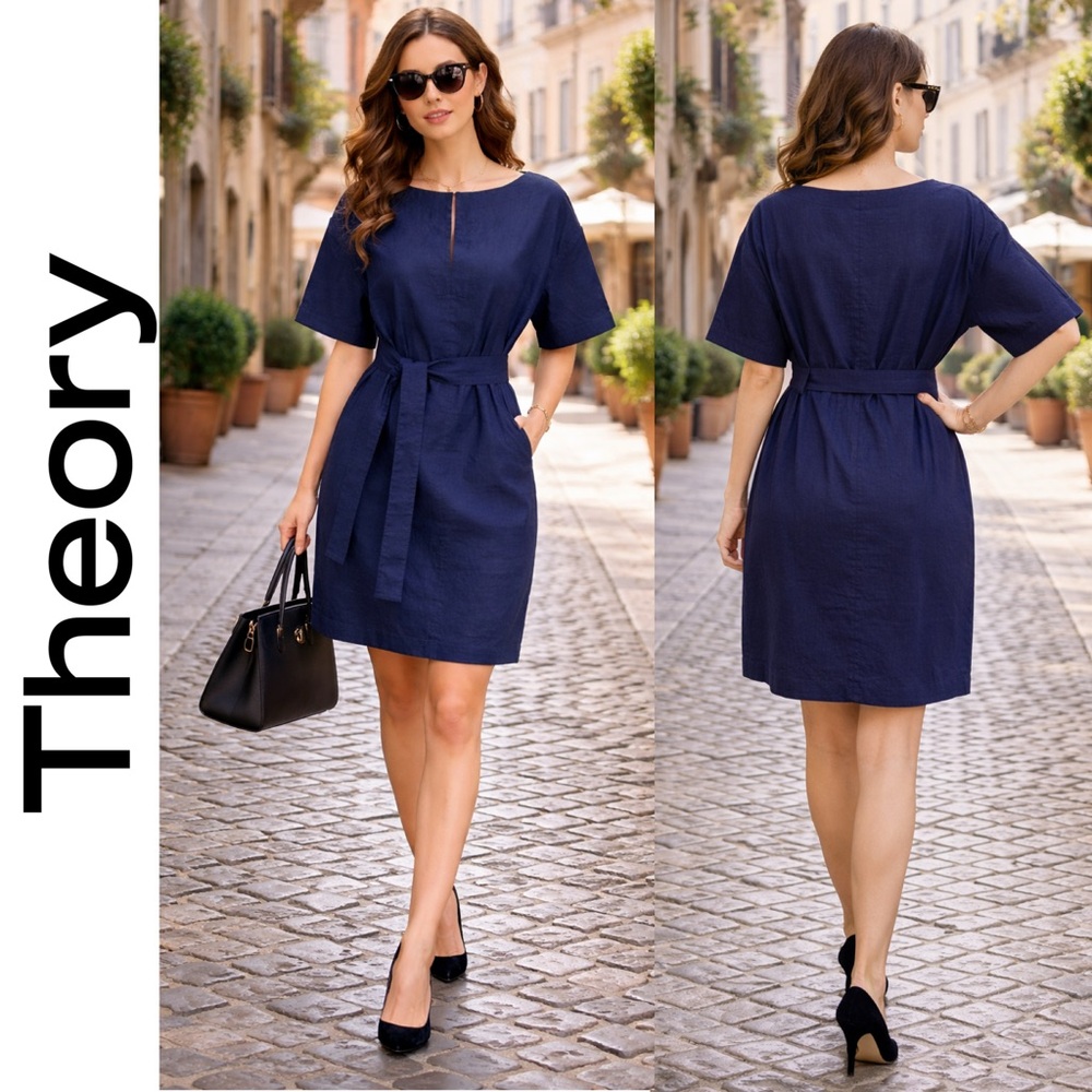 Theory Navy Linen-Blend Belted Shift Mini Dress Short Sleeve Relaxed Fit Size 10